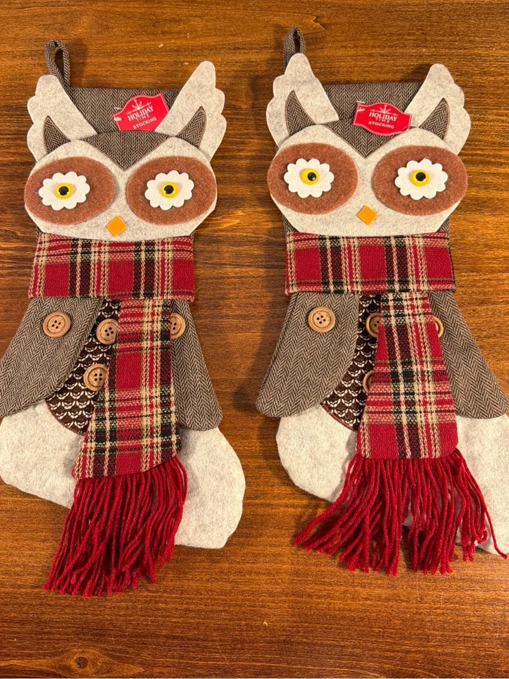 Holiday Time Owl Stocking Pair in Red, Brown, Cream